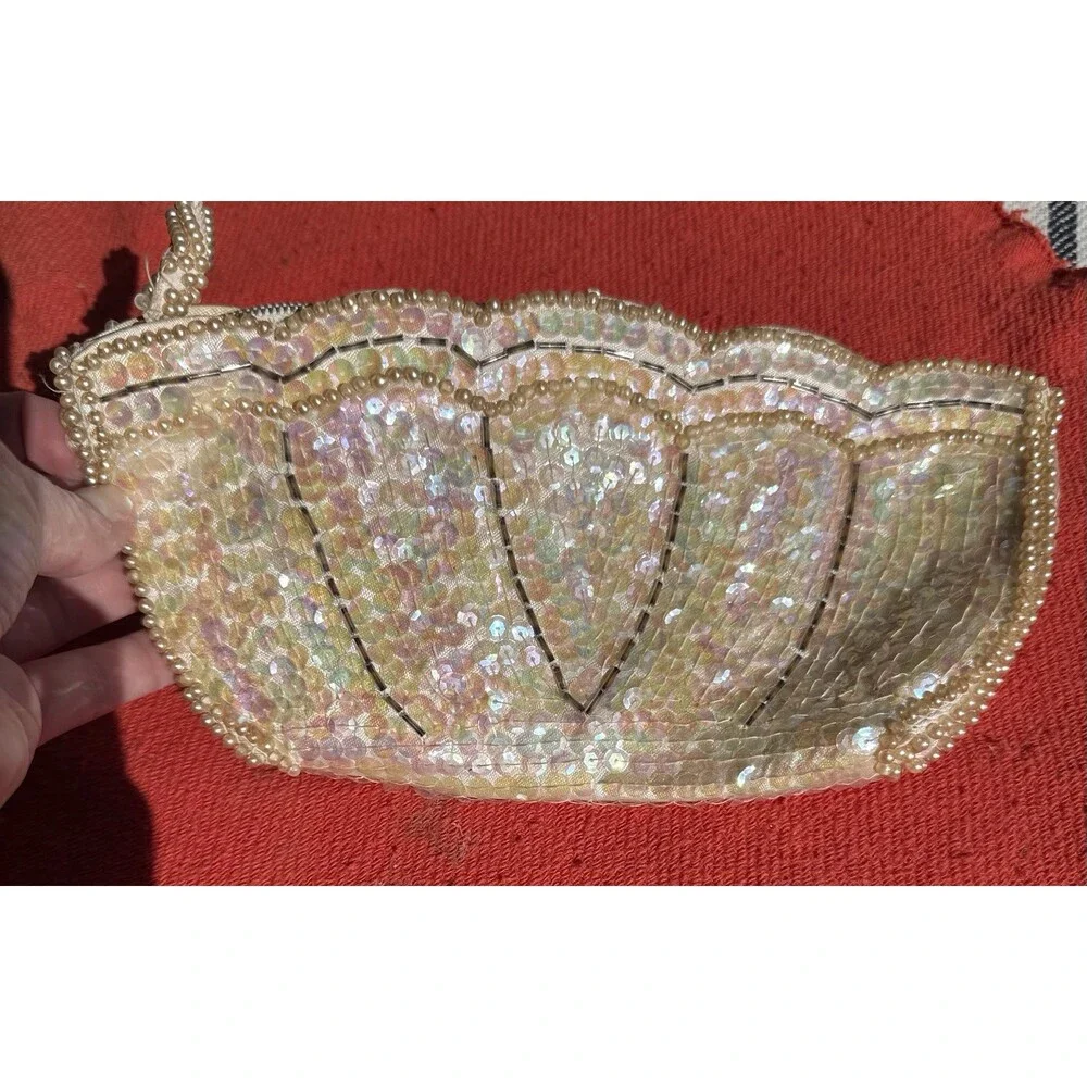 Vintage La Regale Iridescent Sequin Clutch Pearl Beaded Evening Bag Japan